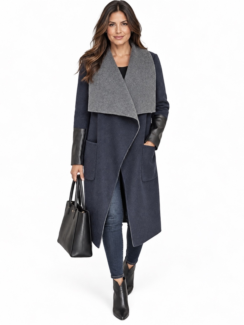 BCBGMAXAZRIA Navy Gray Draped Wool Leather Trim Coat Size M